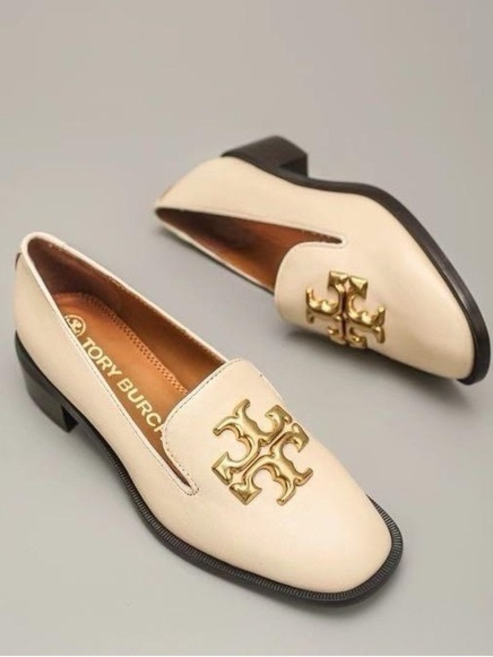 Tory Burch Cream Heeled Loafer with Gold Logo